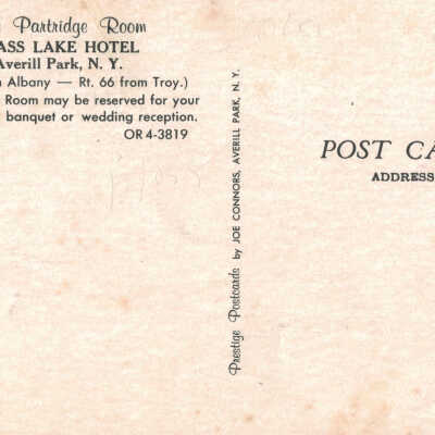 The Partridge Room, Glass Lake Hotel, Averill Park, NY - Rear side: The Partridge Room, Glass Lake Hotel, Averill Park, NY, postcard.