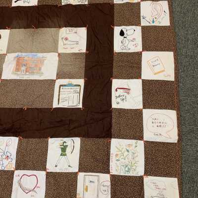 Averill Park School Quilt - Lower Right Corner View: Quilt featuring the names and favorite things of Averill Park teachers and students.  Reportedly primarily by former TOSL Clerk Barbara Biittig.