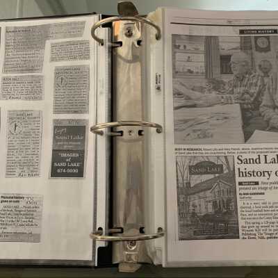 NAB Pages 5 and 6: Left side PPAs regarding an Eva Gemmill discussion of letters written by a young woman while traveling from Boston to Niagara Falls in the 1840 and Sand Lake Book event announcements.  Right side February of 2001 Times Union article regarding the Sand Lake book.