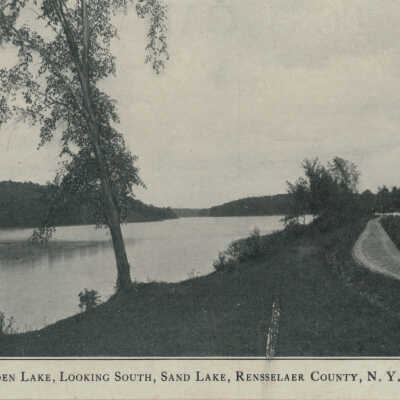 Burden Lake, Looking South, Sand Lake, Rensselaer County, NY: Burden Lake, Looking South, Sand Lake, Rensselaer County, NY, postcard. Roadway.