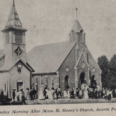 Sunday Morning After Mass, St. Henry's Church, Averill Park: Sunday Morning After Mass, Saint Henry's Church, Featuring the Old and the New Saint Henry's Catholic Churches, Averill Park, NY, postcard.