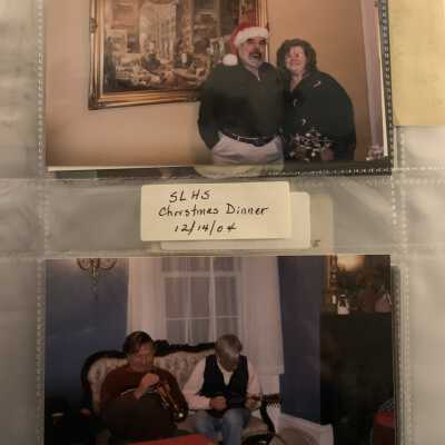 PB3 Page 7 - SLHS Christmas Dinner December 2004: Top - Ron and Barbara Nue Berti.  Bottom - Musicians named not noted.