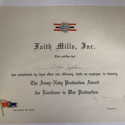 Faith Mills Army-Navy Production Award for Excellence: Faith Mills Army-Navy Production Award for Excellence, Town of Sand Lake, NY.
