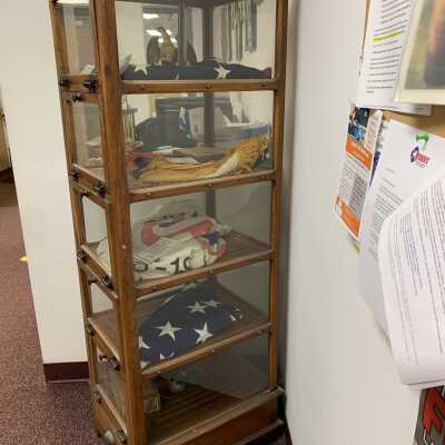 Raymond W. Nash Store Display Cabinet - Side: Cabinet from the Nash Store formerly located in the historic structure situated across from the Cumberland Farms store at the corner of State Routes 66 and 43 in Averill Park in the Town of Sand Lake, NY.  Refer to the following URL if desired for a bit more information:  https://sandlakehistory.org/gas/index.html