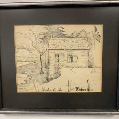 Sketch of the District 11 Schoolhouse, Taborton, NY: One of eight pencil and paper sketches use to help provide the artwork needed to produce a commemorative ceramic plate and postcards in celebration of the US bicentennial.  Signed Rosemary Supkis.
