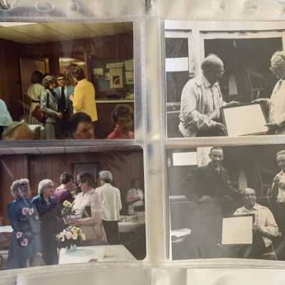 PB1 Page 14: Let side - unknown.  Right side - SLHS presentation to John and Rachel Wilford (top) and Louis Leitgeb of SLHS presentation to Reverend Leonard Bass, Pastor of the West Sand Lake Methodist Church during a church fair.