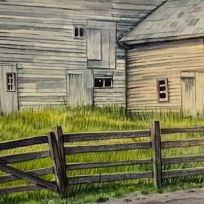 Barn Painting, By Rick Worden, 1990: Painting of a Barn located on the corner of Bitting Road and Route 150 in the Town of Sand Lake. NY.   See the note below the painting for more information.