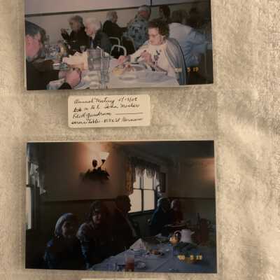 PB3 Page 33 - Annual Meeting May 2008: Top - Iona Mosher, Edith Gundrum and Mike St Germain.
Bottom - Kitty Mace, Andy Mace, Ross French, Mary French, Ned Pratt speaker on Tiffany Windows.