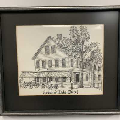 Sketch of the Crooked Lake Hotel, Sand Lake, NY: One of nine pencil and paper sketches use to help provide the artwork needed to produce a commemorative ceramic plate and postcards in celebration of the US bicentennial. Signed Marian Eaton 1975.