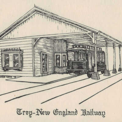 Troy and New England Railroad, United States Bicentennial Celebration Postcard: Troy and New England Railroad, United States Bicentennial Celebration Postcard, Postcard created from artwork used to create the Town of Sand Lake US Bicentennial plate. 