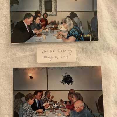 PB3 Page 39 - Annual Meeting May 2009: Top - Mike and Gail St Germain, Bonnie Hellum, Jackie Tremont and Pat Robelotto.
Bottom - Grace Bourdeau, Alan Fuess, Phil Briscoe, and Barbara Martinage.  Across table Robert and Alice Trost, Grace Briscoe and pastor Bob Loesch.