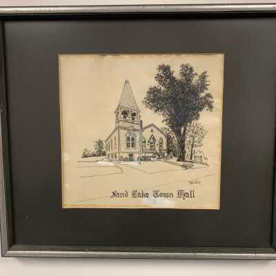 Sketch of the Original Town Hall of the Town of Sand Lake, NY: One of nine pencil and paper sketches use to help provide the artwork needed to produce a commemorative ceramic plate and postcards in celebration of the US bicentennial.  Signed Muriel Danahy.
