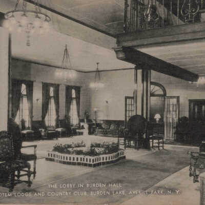 The Lobby in Burden Hall, Totem Lodge and Country Club, Burden Lake, Averill Park, NY: The Lobby in Burden Hall, Totem Lodge and Country Club, Burden Lake, Averill Park, NY, postcard.