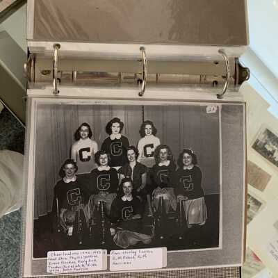 SLSB1 - Pages 23 and 24: Cheerleaders 1942 - 1943 including Phyllis Gardner, Irene Becker, Mary Dick, Muriel White, Hilde Weiss, and Doris Madison.