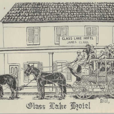 Glass Lake Hotel, United States Bicentennial Celebration Postcard: Glass Lake Hotel, United States Bicentennial Celebration Postcard, James Clark proprietor.  Postcard created from artwork used to create the Town of Sand Lake US Bicentennial plate. 