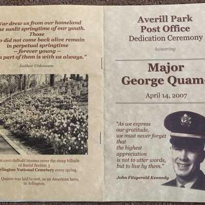 Averill Park Post Office Dedication Program Front and Back Covers: Averill Park Post Office Dedication Program Front and Back Covers.  This program is located in the SLHS Minutes and Finances January 2006 through June of 2009 binder located in SLHS FC1-D1.