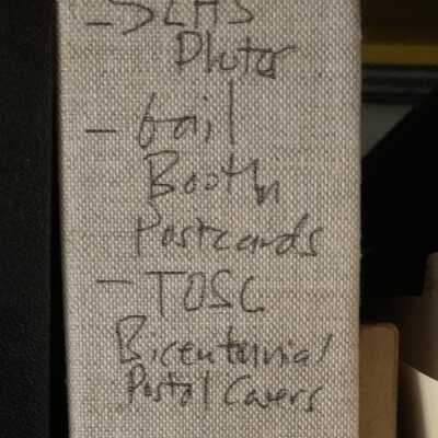 Binder in which the covers are stored.: SLHS Photo Binder 1 located on the top shelf of SLHS File Cabinet 1 in which the TOSL Bicentennial Postal Covers are stored.