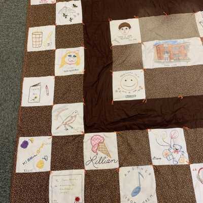Averill Park School Quilt - Lower Left Corner View: Quilt featuring the names and favorite things of Averill Park teachers and students.  Reportedly primarily by former TOSL Clerk Barbara Biittig.