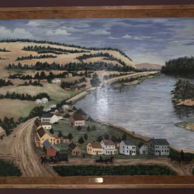 Glass House Lake painting: Large scale recreation of Joseph Hidley's View of Glass Lake on plywood.  See the close-up of the plate at the bottom of the painting.