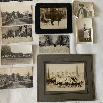 Postcard and Photos Group 2 - Front: Postcard and Photos Group 2 - Front.   Postcards and photos of horse-drawn sleigh, Broadway and Church Streets, trolley station, Averill Park baseball team, Al's Place, and a blizzard.