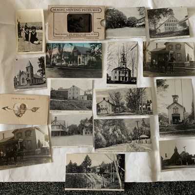 Postcard and Photos Group 1 - Front: Postcard and Photos Group 1 - Front.  Includes homes. mills, firehouse, churches, trollies, carriages, a valentine and a magic moving pictures postcard.