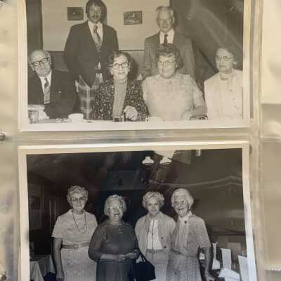 PB1 Page 11 - SLHS Charter Celebration Dinner: Top - Charles and Walter Nash, Bob Danworth, Helen Gay, Lilian Nash, Betty Mosher.  
Bottom - Ester Amidun, Nora and Myra Wehnau, Ruth T. Miller
