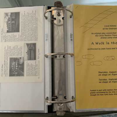 NAB Pages 21 and 22: Left side - Literary Brunch announcement and Fox Mansion article.  Right side - A Walk in their Shoes historical play program directed by Joan Fuess and Valerie Kavanaugh