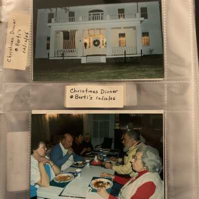 PB3 Page 21 - Christmas at the Berti's December 2006: Top - Berti / Knowlson House.  
Bottom - Left side Jane and Dave Kinerson and Robert and Joyce Baum.  Right side Ron Berti and his mother Mrs. Berti.