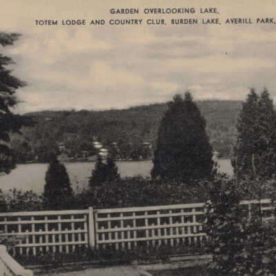 Garden Overlooking Lake, Totem Lodge and Country Club, Burden Lake, NY: Garden Overlooking Lake, Totem Lodge and Country Club, Burden Lake, NY, postcard.