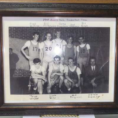 1947 APHS BB Team: Members Fred Wilkins, Wayne McKendry, Craig Kingsbury, Earl Lawrence, Bill Beck, Tripp Wayne, Link Irv, Art Ferguson, Coach Cooley.  TOSL own item currently located on top of the display cabinet just outside the Town Historian's office on the 2nd floor of Town Hall.