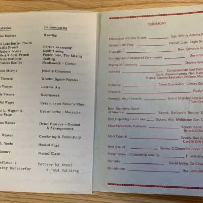 Various Artifacts and Photos Display - Right Side Close Up Top Shelf US Bicentennial Program: US Bicentennial Celebration Program Pages 2 and 3.