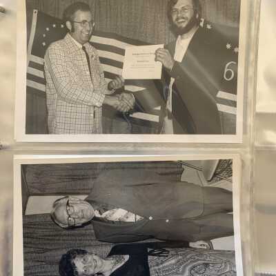 PB1 Page 7 - SLHS Charter Celebration Dinner: Top - Charles Views and Bob Harris with certificate.  Bottom - Marie and Carl Beck.