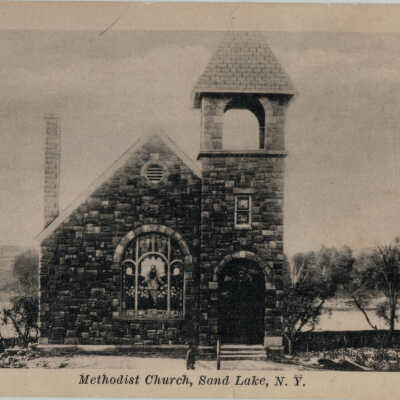 Methodist Church, Sand Lake, NY: Methodist Church, Sand Lake, NY, postcard.  Church is located on Glass Lake.  