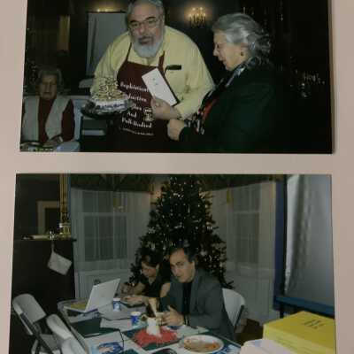 PB3 Page 23 - Christmas at the Berti's December 2006: Top - Ron Berti and nis mother.  Nancy Davis in background.
Bottom - Marieke Leeverink speaker on Dutch Barns and Don Ritter Schenectady County Historian.
