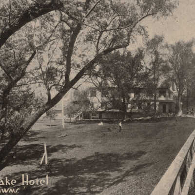 Crooked Lake Hotel and Lawns #1: Crooked Lake Hotel and Lawns, postcard.  Specimen 1 of 2.