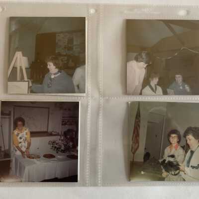 PB1 Page 68 - Year not noted: Upper Left - Beryl Vannier at Town Hall
Upper Right - Beryl Vannier and Jane Van Praag at Glass Lake Inn
Lower Left - Baking Program at Town Hall unidentified subject
Lower Right - Beryl Vannier at Antiques Identification Program
