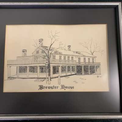 Sketch of the Brewster House, Sand Lake, NY: One of nine pencil and paper sketches use to help provide the artwork needed to produce a commemorative ceramic plate and postcards in celebration of the US bicentennial. By Lois Hunsdorfer.