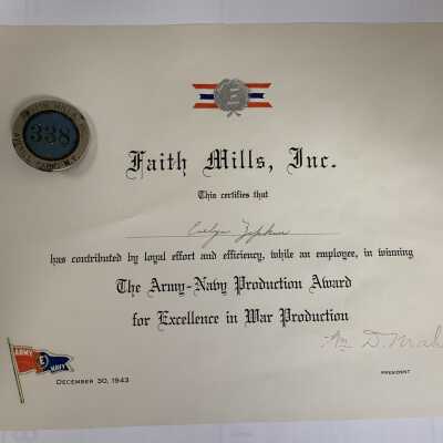 Faith Mills Army-Navy Production Award for Excellence and Badge: Faith Mills Army-Navy Production Award for Excellence, Town of Sand Lake, NY.  Including badge as shown in display.
