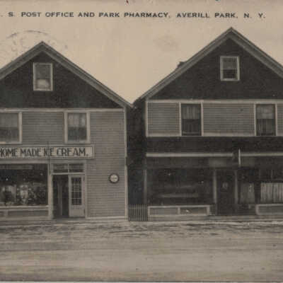 United States Post Office and Park Pharmacy, Averill Park, NY: United States Post Office and Park Pharmacy, Averill Park, NY, postcard.  Also mentions home made (homemade) ice cream.