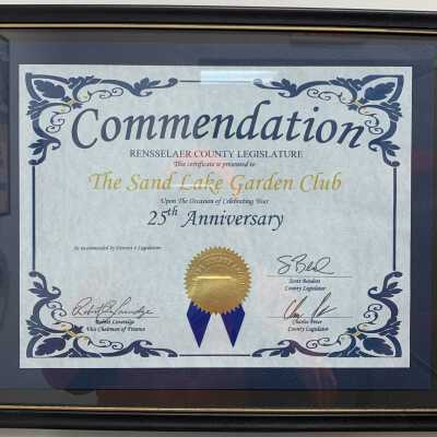 Garden Club, 25th Anniversary, Certificate: Sand Lake Garden Club, Rensselaer County Legislature, certificate commemorating the 25th anniversary of the Sand Lake, NY, Garden Club.