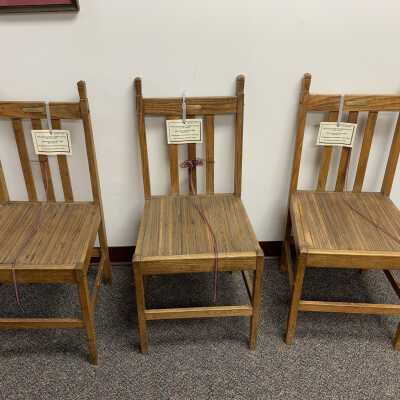 James C. Cotton Small Chair Set - Front: Set of three matching small chairs made by James C. Cotton in the 1800s.  Refer to the following URL for additional information if desired https://sandlakehistory.org/cottonhs.htm