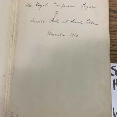Northfield Hymnal No. 2 - Inscription: Inscription reads, "Presented to the Loyal Temperance Legion of Averill Park and Sand Lake November 1916."  SLHS owned item stored on the SLHS bookshelf located just inside the rear Town Historian's side entrance to the TOSL Library.