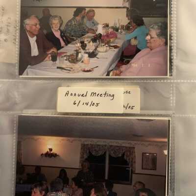 PB3 Page 13 - Annual Meeting June 2005: Top - Left side table Woody Hacker, Marion Smauder and Bob Harris. Right side table Marion Hacker and Diane BeBlois.
Bottom - Nancy Davis (Standing) and Gail St Germain facing.  Others unknown.