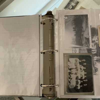 SLSB1 - Pages 3 and 4: The annotated photo is from an April of 1948 White House visit by Tom Baglik, Robert Dunham, Arnold Schenker, Gary O'Keefe, Ross French, Wayne Tripp, and Edward Hultburg.  The following pages note that the other photos are of a 1923 graduation class, the Brookside Institute, and Howard Fowler place on Glass Lake.