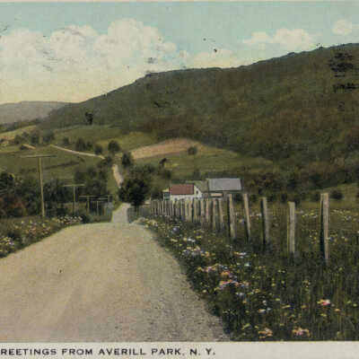 Greeting from Averill Park, NY: Greeting from Averill Park, NY, postcard.  Unspecified roadway.  Countryside. 