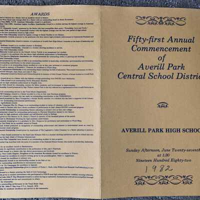 APHS Commencement Program 1982 - Front and Back Covers: SLHS awards given in memory of Walter I. Nash, John Wilford and Kenneth VanValkenburg.   Student winners were Shereen Palmer and Stephen Freeman.