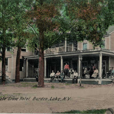 Maple Grove Hotel, Burden Lake, NY: Maple Grove Hotel, Burden Lake, NY, postcard.  Features porch and guests.
