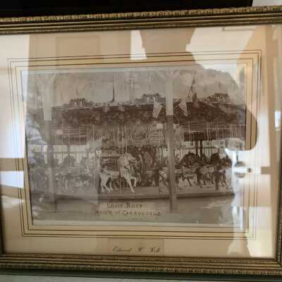 Louis Bopp Carousel Photo: Photo framed by Andrew St. J. Mace on behalf of SLHS for a historical display.  Refer to the web links or included PDF document for the history and the carousel, additional photos and its placement at the current Crystal Cove located on Crystal Lake.  The framed photo is currently located on the top shelf of SLHS File Cabinet 1 (SLHS FC1-D1).
