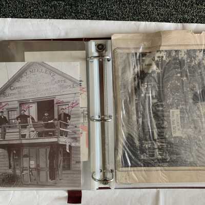 SLHS Photos Binder 2 Pages 9 and 10: SLHS Photos Binder Pages 9 and 10 - Annotated Tremont calendar fragment of the Mielenz Carriage and Wagon works noting Albert Cipperley, Al Goewey, William Mielenz, George Eweg, and Bart Warren as being in the photo.