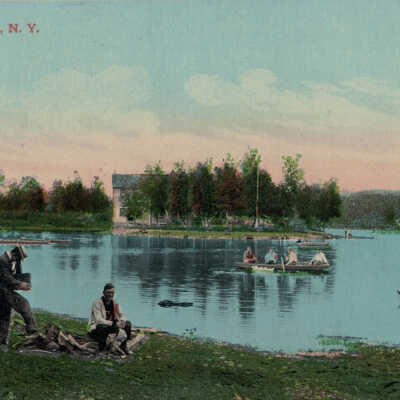Burden Lake, NY #1: Burden Lake, NY, postcard.  Includes boats, vintage photographer / photography and men along the shore.  Specimen 1 of 2.
